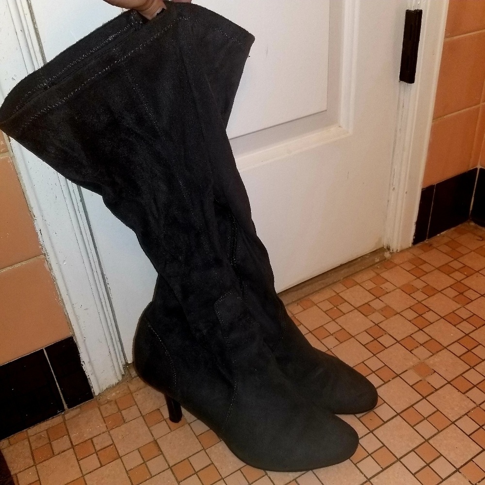 Grey faux suede soft knee high boots